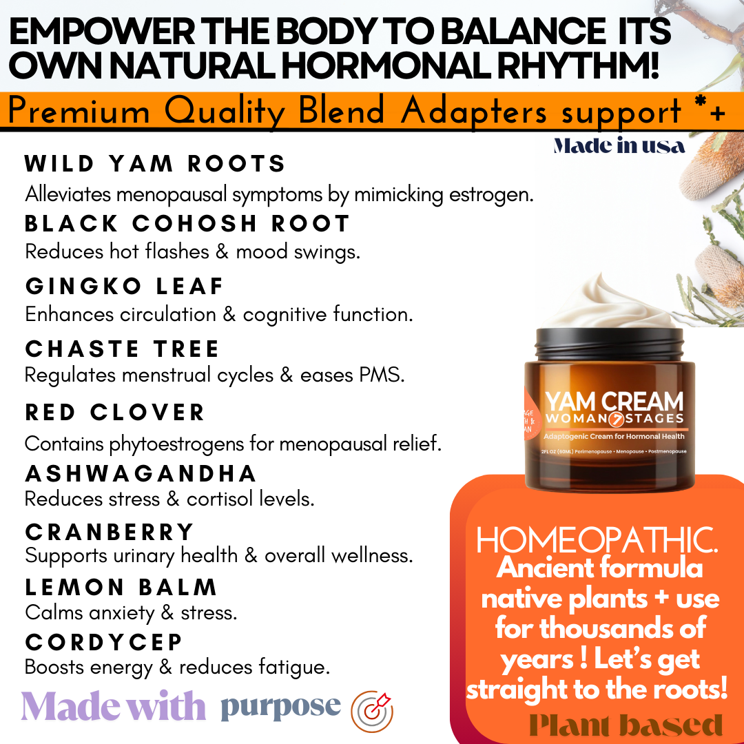 Wild Yam Cream for All Women's | Menopause & PMS Support - Estrogen & Progesterone Free | Proudly HandCrafted & Made in USA Adaptogens- No Harmful Ingredients - Woman 7 Stages 2 oz-