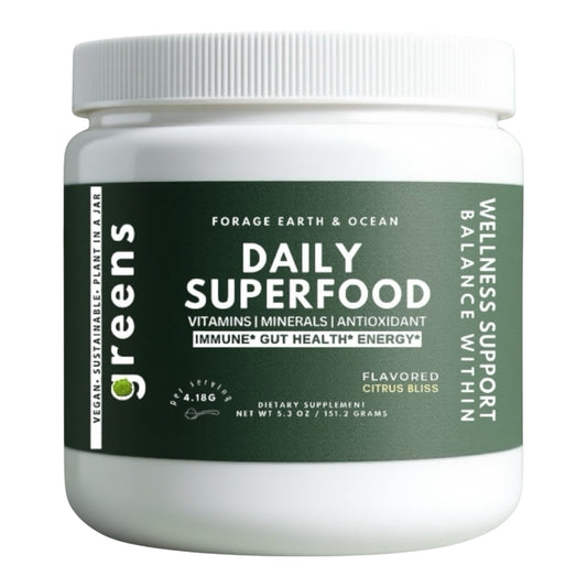 Daily 100% Plant Based Daily SuperGreen Powder - 30+ Super Ingredients. 1 Scoop. Zero Compromise.