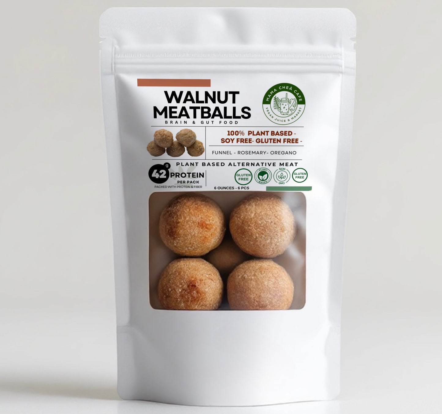 Vegan walnut meatballs mama Chea cafe plant based alternative meats