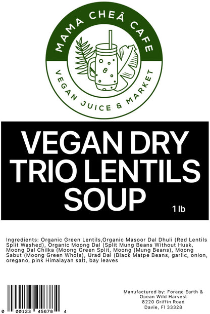 Vegan Dry Trio Lentil Soup 1 lb Ready to Cooked fully seasoned