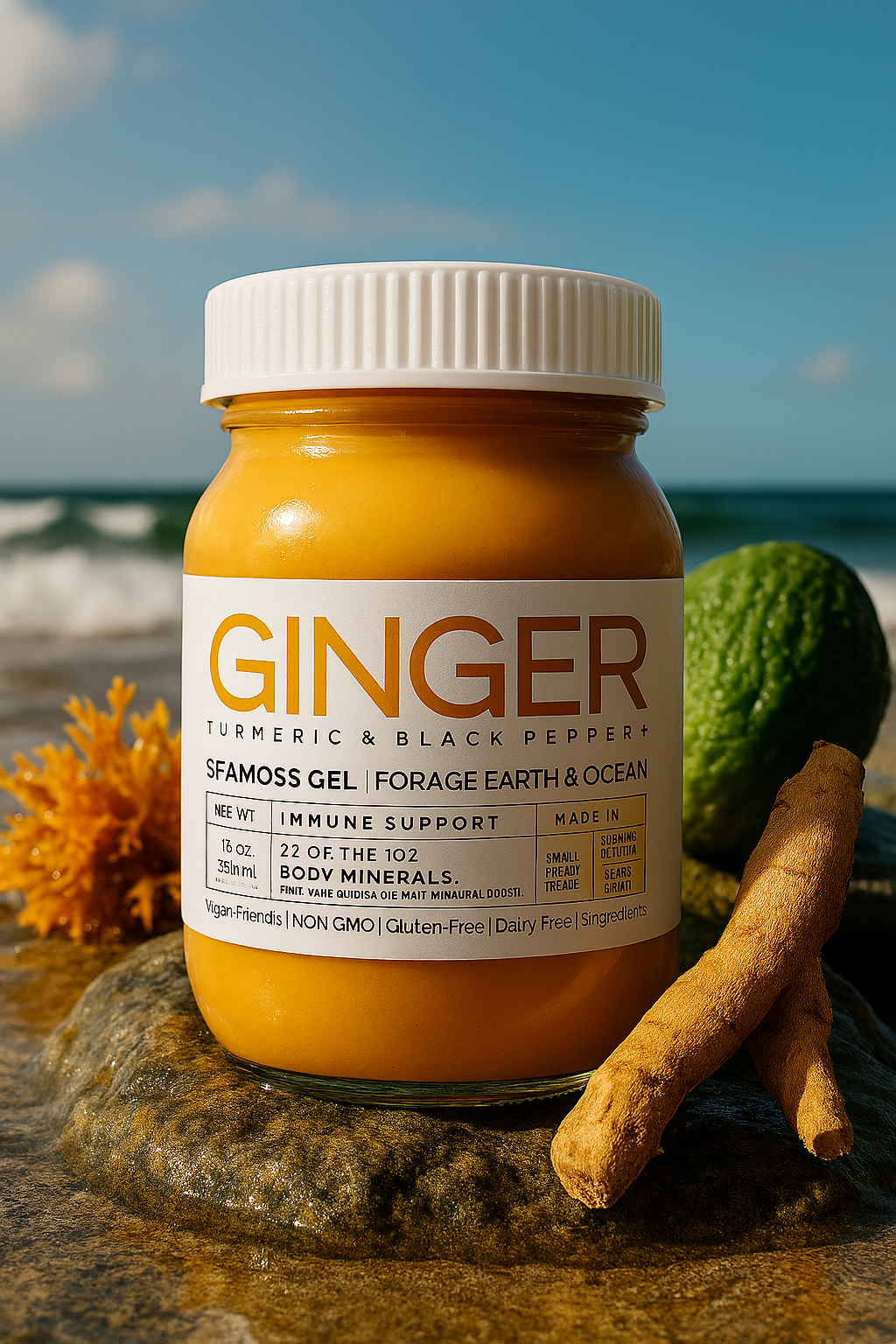 GINGER & TURERMIC ORGANIC SEAMOSS GEL WILD HARVEST 92 MINERAL SUPERFOOD FROM ST. LUCIA