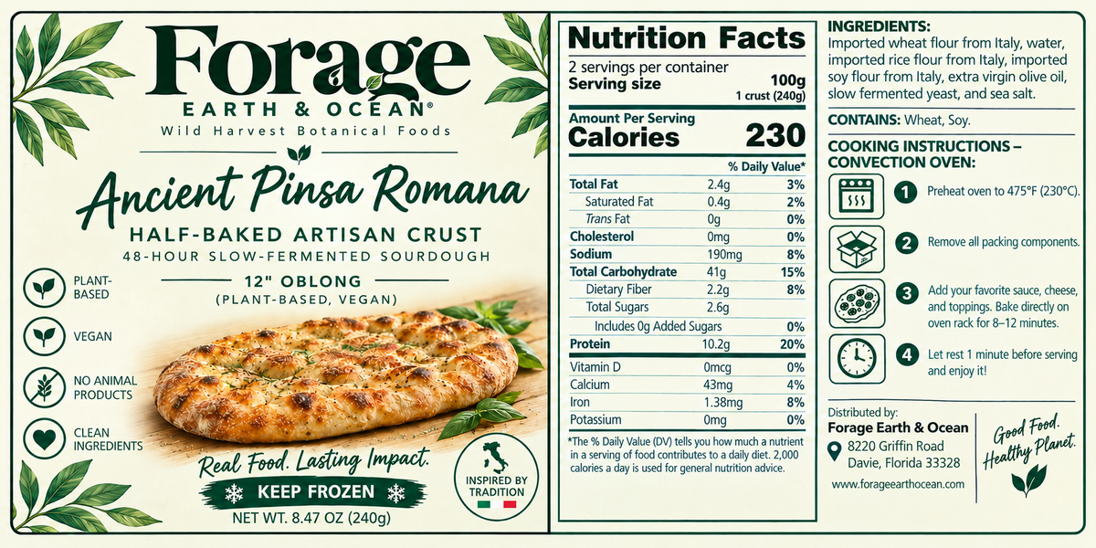 Ancient Pinsa Romana — Half-Baked Artisan Crust, 48-Hour Slow-Fermented Sourdough, 12" Oblong (Plant-Based, Vegan)